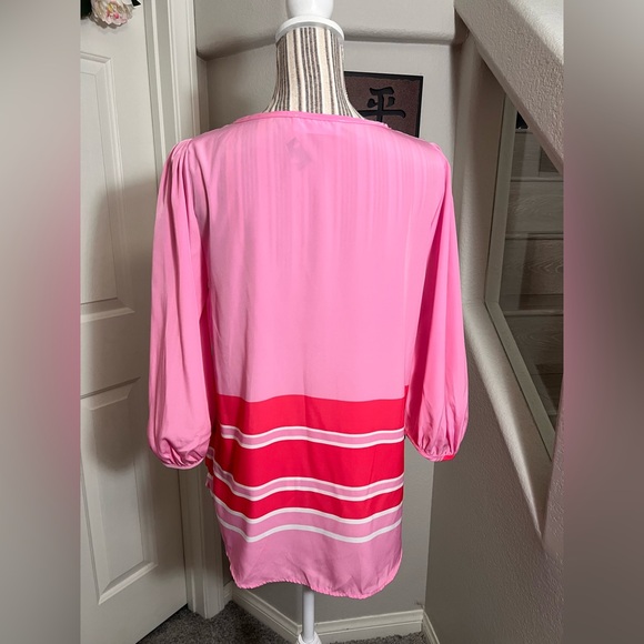 PEACH LOVE CALIFORNIA pink sheer 3/4 sleeve stripe curved high low blouse size S - Picture 5 of 10